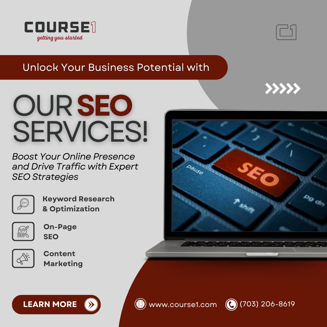 First page or bust! Course1’s SEO experts get you ranking higher with proven strategies—keyword optimization, technical fixes &amp; content that converts.
More visibility = More sales!
Free site audit! #SEOSuccess #Course1