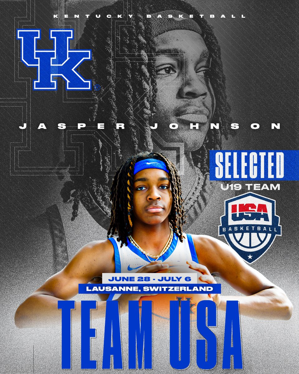 Kentucky Men’s Basketball (@kentuckymbb) on Twitter photo Congratulations, <a href="/BruhJasperJ/">Jasper Johnson</a>, on being selected for the <a href="/usabasketball/">USA Basketball</a> U19 National Team!
The team is slated to compete at the 2025 <a href="/FIBA/">FIBA Basketball</a> U19 Men’s World Cup, which will run June 28 – July 6 in Lausanne, Switzerland.
📰🔗 bit.ly/3ZFvwIt Congratulations, <a href="/BruhJasperJ/">Jasper Johnson</a>, on being selected for the <a href="/usabasketball/">USA Basketball</a> U19 National Team!
The team is slated to compete at the 2025 <a href="/FIBA/">FIBA Basketball</a> U19 Men’s World Cup, which will run June 28 – July 6 in Lausanne, Switzerland.
📰🔗 bit.ly/3ZFvwIt