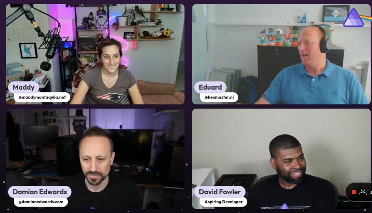Watching the AspiriFridays stream with “Aspiring Developer” <a href="/davidfowl/">David Fowler</a> 😅, <a href="/maddymontaquila/">maddy montaquila</a> &amp; <a href="/DamianEdwards/">Damian Edwards</a> 

youtube.com/live/zCWz7QKZm…
