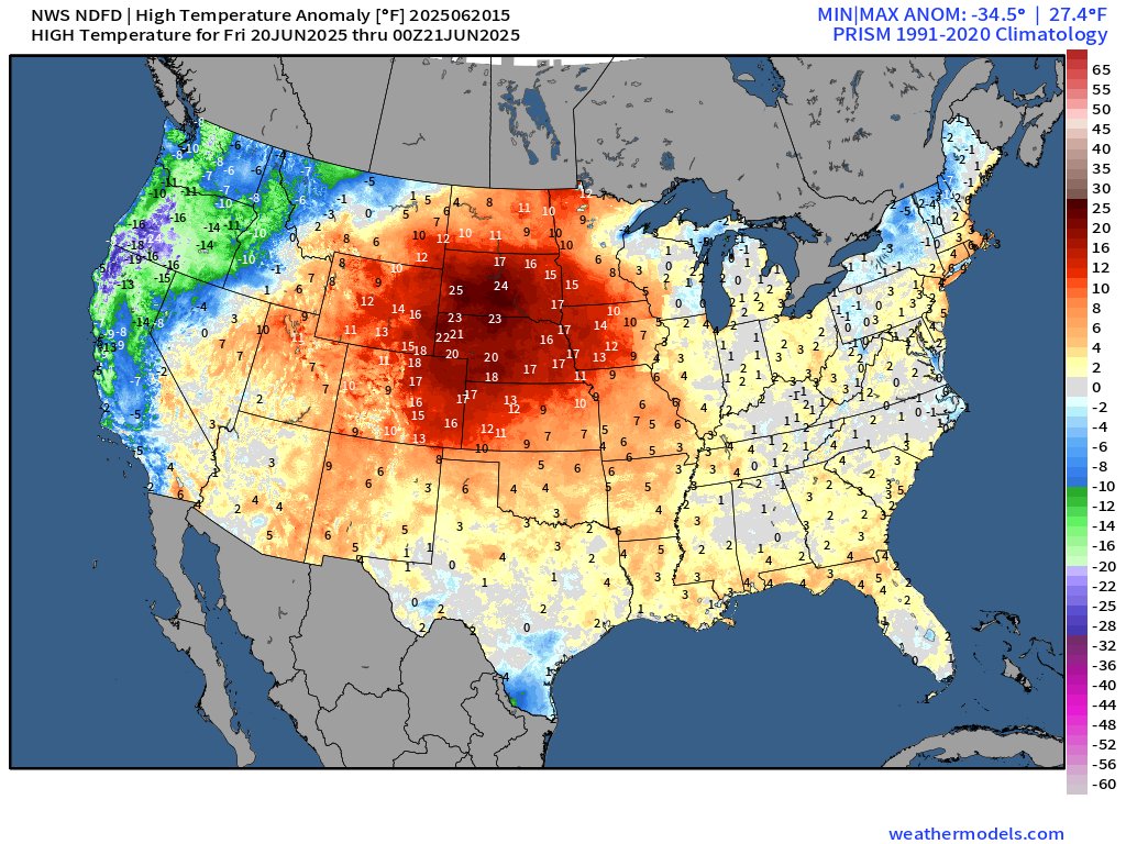 Here is a map of high temperature anomaly (difference from climatological average) for today according to the NDFD with heat affecting central US today and spreading eastward. Additionally there is a severe weather risk in northern Plains and upper Mississippi Valley.

TT