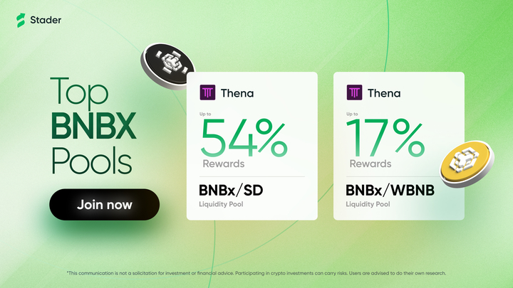 Put your $BNBx to Work in DeFi 💪

Explore this week’s top 2 liquidity pools to elevate your BNB strategy:

💧 Capital-efficient DeFi pathways
🔁 Integrated with leading protocols
⚡️ Seamless access via Stader

🔗 staderlabs.com/bnb/stake