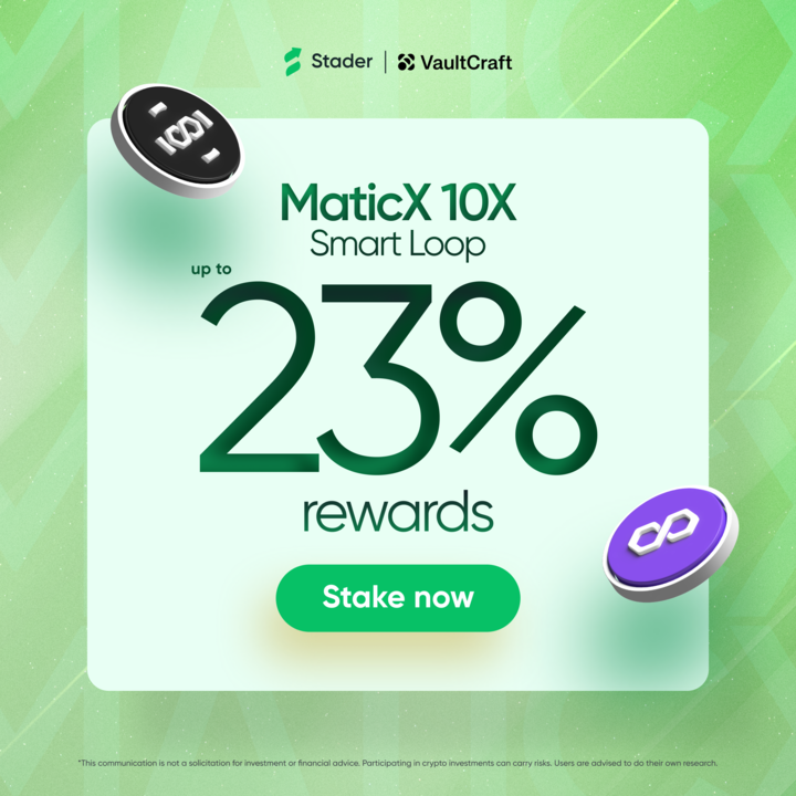Stader Polygon (@stader_polygon) on Twitter photo Put your $MaticX to work in DeFi 🚀
Access up to 23% via the 10X Smart Loop automated by <a href="/VaultCraft_io/">VaultCraft</a> for streamlined execution and capital-efficient strategies.
💡 Stake MATIC with Stader to mint $MaticX and activate your DeFi strategy.
🔗 staderlabs.com/polygon/stake Put your $MaticX to work in DeFi 🚀
Access up to 23% via the 10X Smart Loop automated by <a href="/VaultCraft_io/">VaultCraft</a> for streamlined execution and capital-efficient strategies.
💡 Stake MATIC with Stader to mint $MaticX and activate your DeFi strategy.
🔗 staderlabs.com/polygon/stake