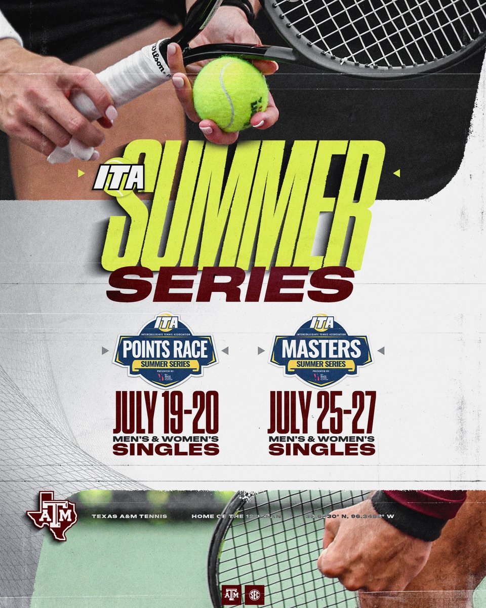 AggieWTEN's tweet image. ๐๐พ
Summer Tennis at Mitchell
Info - aggi.es/446i3e2
ITA Summer Points Race Series
July 19-20 | Register - aggi.es/3ZyROvm
ITA Summer Masters Series
July 25-27 | Register - aggi.es/4e1JQ3E