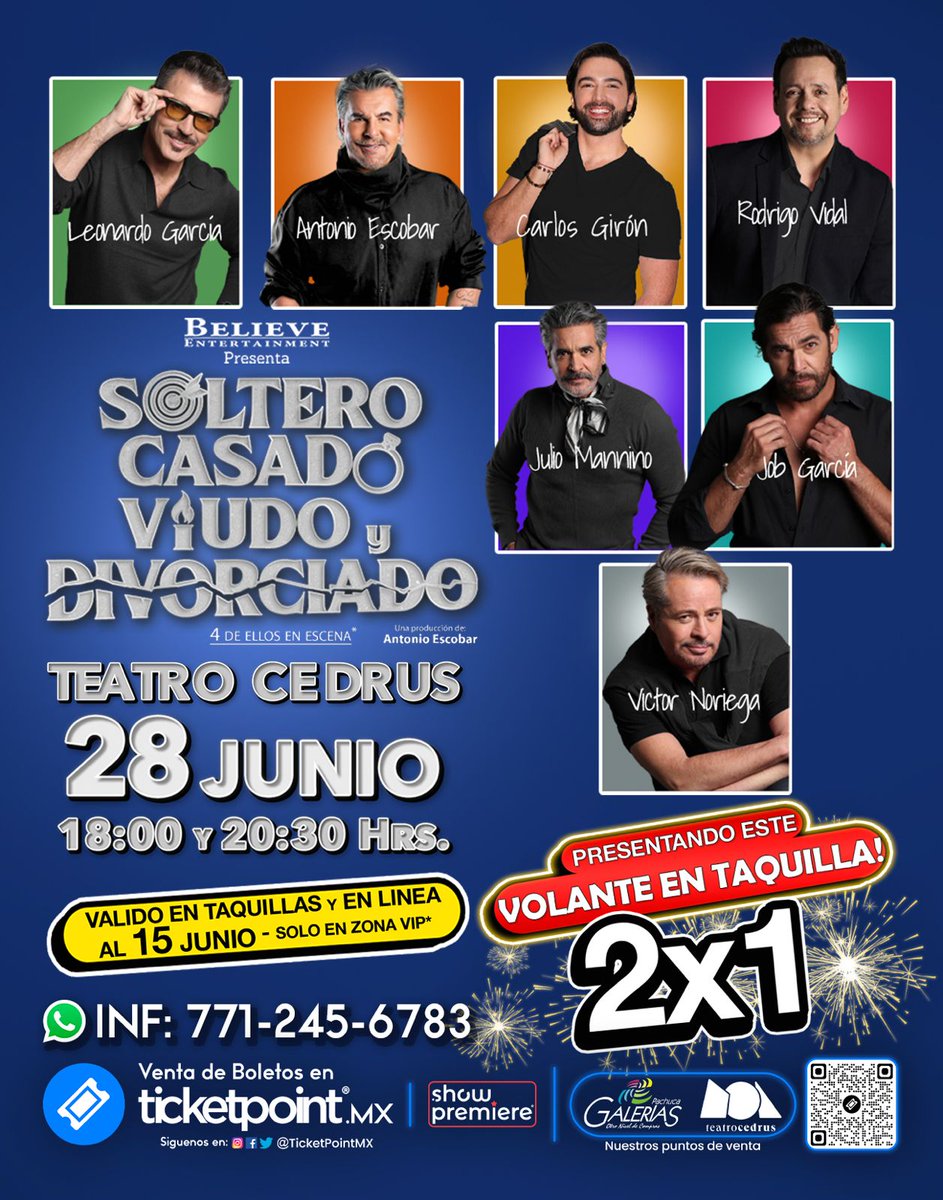 enfasisnoticias's tweet image. ¡Soltero, Casado, Viudo y Divorciado llega al Teatro Cedrus de Pachuca!

🗓 sábado 28 de junio
Dos funciones: 18:00 y 20:30 horas.
🎭Teatro Cedrus

boletos.ticketpoint.mx/entradas/es/co…

#ShowPremiere