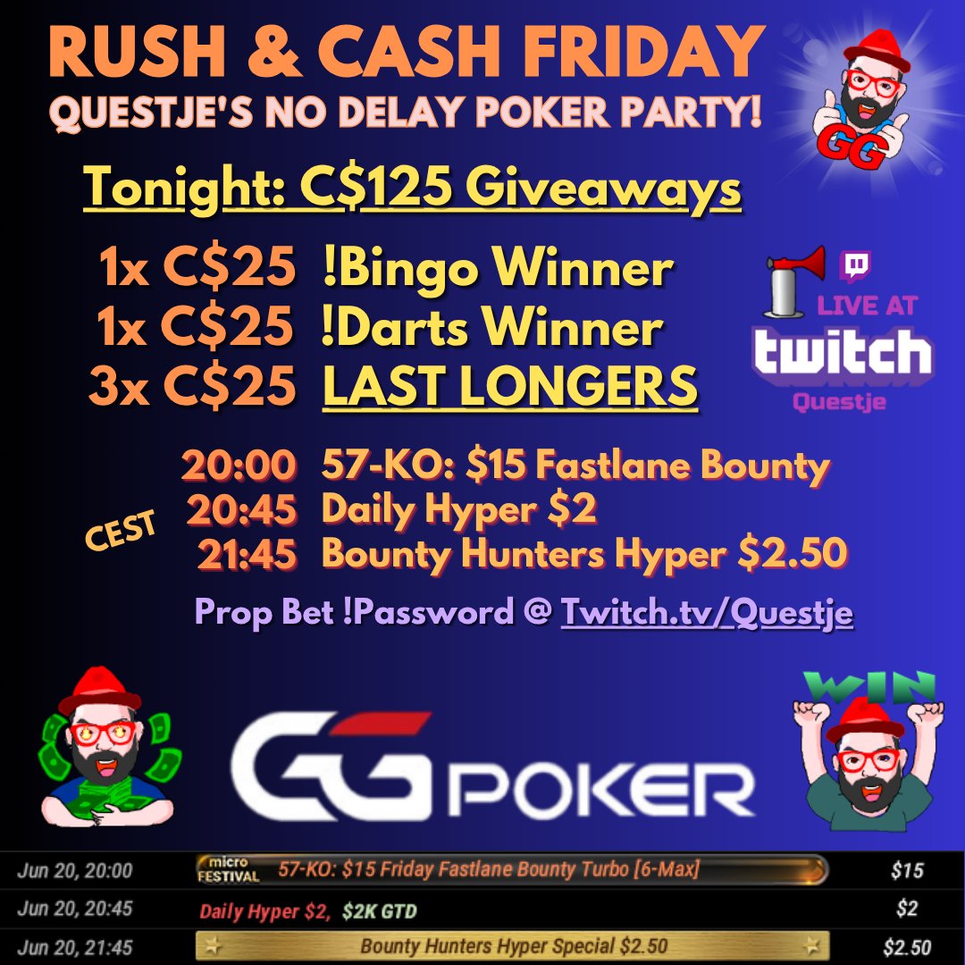 We're LIVE for a fun Rush &amp; Cash Friday! 📢

Hunting those juicy Cash Drops Pots <a href="/GGPoker/">GGPoker</a> and giving away 5x C$125 :) 💸

Of course, No Delay and with Song Requests! 🎶