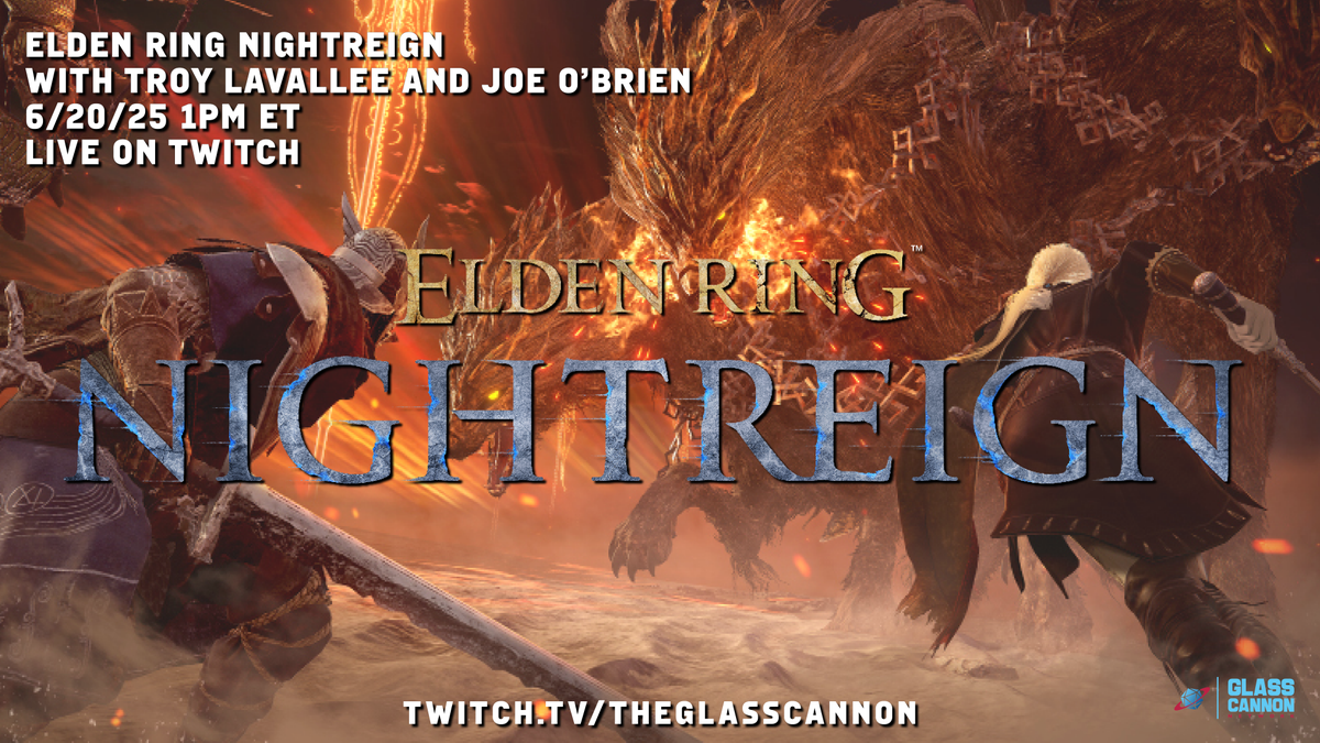 The Glass Cannon Network (@glasscannonpod) on Twitter photo A rep from <a href="/BandaiNamcoUS/">Bandai Namco US</a> is guiding Troy and Joe through another hellish gauntlet of Elden Ring Nightreign at 1PM ET on Twitch! hubs.li/Q03t0H0J0 A rep from <a href="/BandaiNamcoUS/">Bandai Namco US</a> is guiding Troy and Joe through another hellish gauntlet of Elden Ring Nightreign at 1PM ET on Twitch! hubs.li/Q03t0H0J0