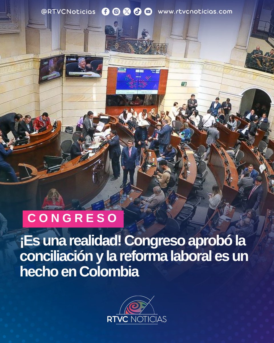 #ÚltimaHora ✔¡Histórico!👷🏻‍♀️🏛️ La #ReformaLaboral es una realidad en Colombia. Cámara y Senado votaron y aprobaron la conciliación. La ley pasa a sanción del presidente @gustavopetrourrego.  🚨✍🏻👷🏻‍♂️

Lee la nota completa acá📲: lc.cx/XsviCP