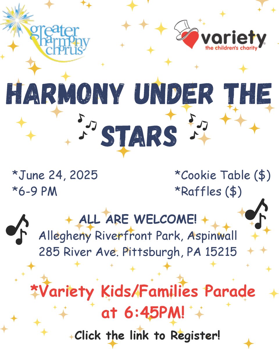 Variety Families &amp; Friends are invited to join us next Tuesday evening to participate in a KID'S PARADE &amp; CELEBRATION at Harmony Under the Stars, a night of award-winning music with the prestigious Greater Harmony Chorus!! 🩵 forms.office.com/r/jHhg9SWTj9