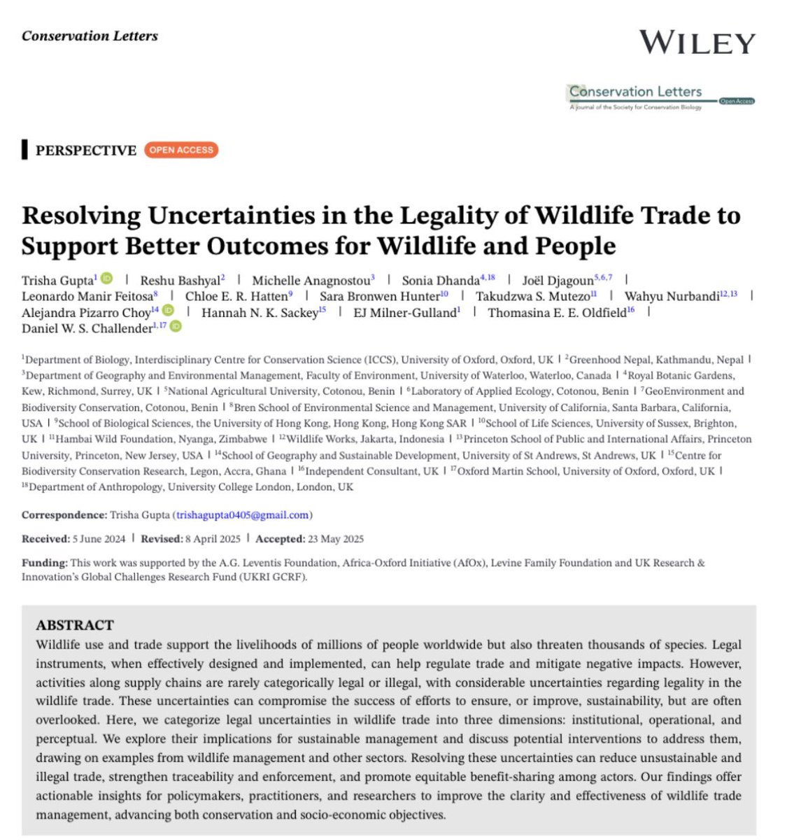 New research out <a href="/ConLetters/">Conservation Letters</a> led by <a href="/Trisha_0405/">Trisha Gupta</a> &amp; <a href="/bashyalreshu/">Reshu Bashyal</a>!

We gathered at <a href="/UniofOxford/">University of Oxford</a> in 2023 to discuss the widespread uncertainties in the legality of wildlife trade and created a summary of them across scales and a framework to resolve them

conbio.onlinelibrary.wiley.com/doi/10.1111/co…