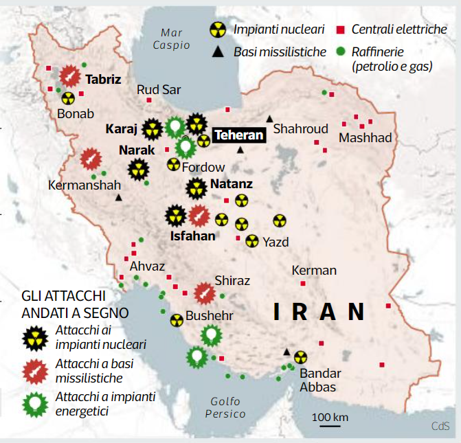 GUERRA ISRAELE-IRAN 🇮🇱🇮🇷

Mappa dei bombardamenti israeliani contro gli impianti nucleari (nero), le basi missilistiche (rosso) e gli impianti energetici (verde) iraniani.