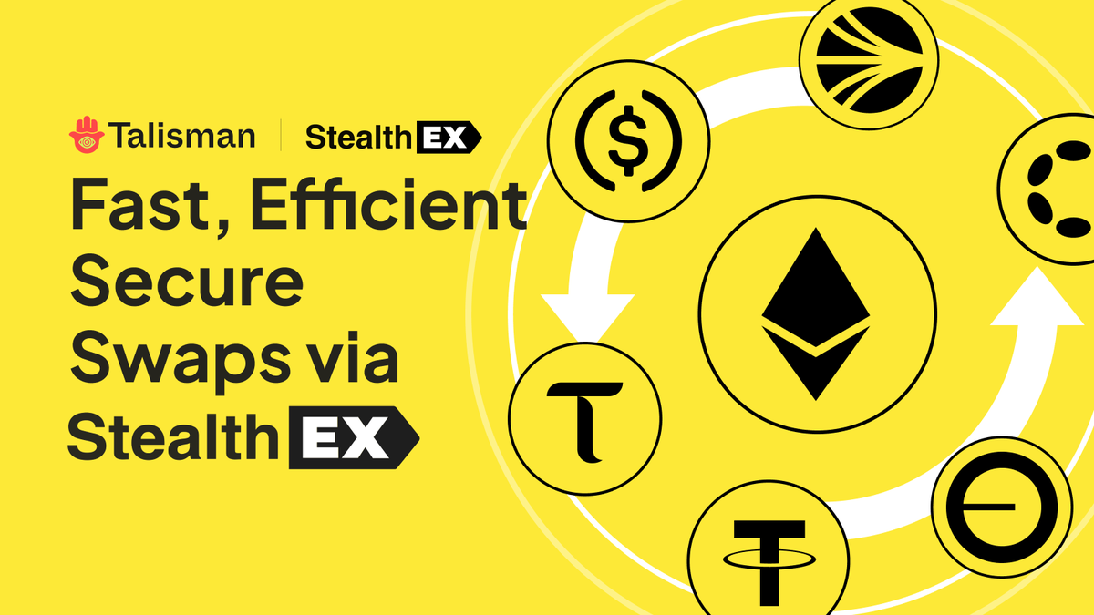 wearetalisman's tweet image. We’ve added @StealthEX_io as a new Cross-Chain Swaps provider!
StealthEX brings swaps with zero custody, no account sign-up, and no KYC. Stay in control of your assets while you hop from $TAO, $ETH, $S, $DOT, stablecoins and much more—all without leaving the wallet. 🧿