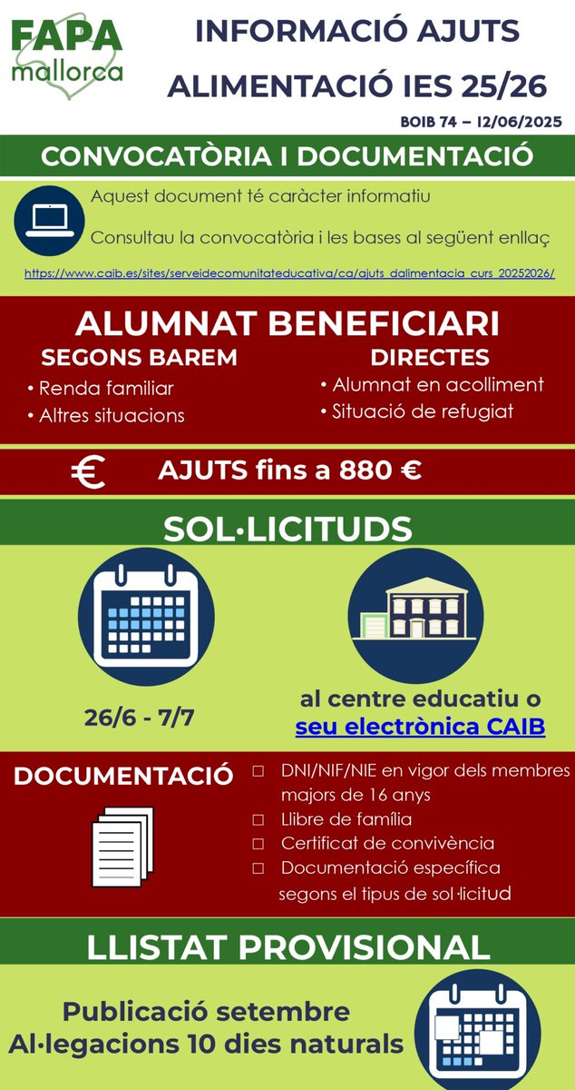 🍽Ajuts alimentació IES  25/26.
📅Sol·licituds de 26/6 a 7/7
📢Per ajudar a fer tota la difusió possible d’aquests ajuts entre les famílies publicam aquest resum de les bases en vàries llengües.
Trobau més informació i els cartells a la nostra web 
fapamallorca.org/ajuts-cafeteri…