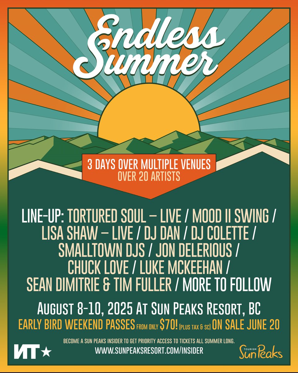 Nordic Trax (@nordictrax) on Twitter photo JUST ANNOUNCED Endless Summer at <a href="/SunPeaksResort/">Sun Peaks Resort</a> Aug 8-10 (Sun Peaks, BC) 1st wave conf <a href="/DJDanmusic/">DJ Dan</a> <a href="/SmalltownDjs/">Smalltown DJs</a> Tortured Soul live <a href="/MOOD_II_SWING/">MOOD II SWING</a> <a href="/djcolette/">Colette</a> <a href="/LisaShaw_/">Lisa Shaw</a> <a href="/jondelerious/">Jon Delerious</a> + more. Early bird wknd passes tix.to/ESBC #beautifulbc #endlesssummerbc #yvrevents JUST ANNOUNCED Endless Summer at <a href="/SunPeaksResort/">Sun Peaks Resort</a> Aug 8-10 (Sun Peaks, BC) 1st wave conf <a href="/DJDanmusic/">DJ Dan</a> <a href="/SmalltownDjs/">Smalltown DJs</a> Tortured Soul live <a href="/MOOD_II_SWING/">MOOD II SWING</a> <a href="/djcolette/">Colette</a> <a href="/LisaShaw_/">Lisa Shaw</a> <a href="/jondelerious/">Jon Delerious</a> + more. Early bird wknd passes tix.to/ESBC #beautifulbc #endlesssummerbc #yvrevents