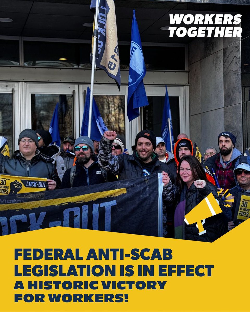 ABFedLabour's tweet image. We at the AFL are celebrating the anti-scab legislation coming into force today. Federally regulated employers can no longer try to break worker solidarity by using replacement workers. A win for unionized workers!
