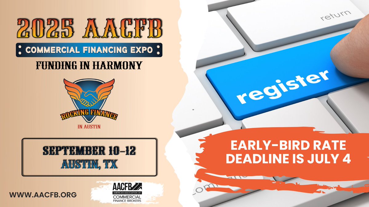 Register by July 4th to take advantage of the lowest registration rates for the AACFB Commercial Financing Expo coming up this September 10-12! See you in Austin! conta.cc/3FYAadS