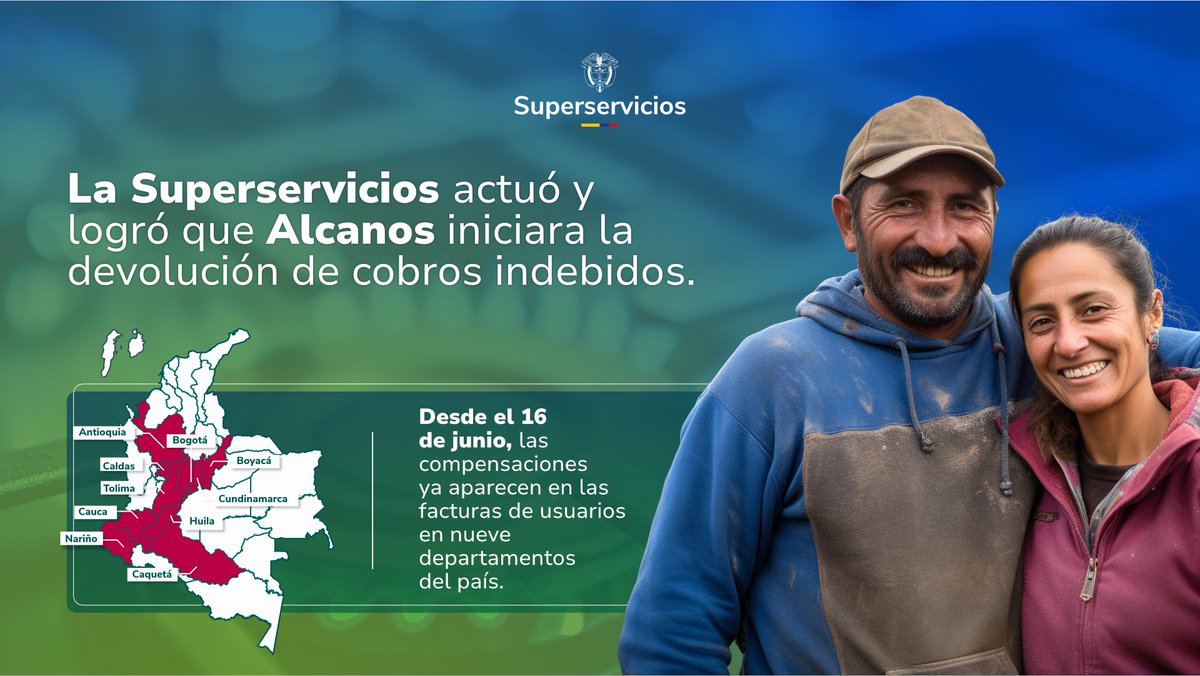 Antioquia, Boyacá, Caldas, Caquetá, Cauca, Cundinamarca, Huila, Nariño y Tolima: si estás en uno de estos departamentos y eres usuario de Alcanos, revisa tu factura.
 
La devolución de cobros indebidos ya está en marcha, gracias a la gestión de la Superservicios.
