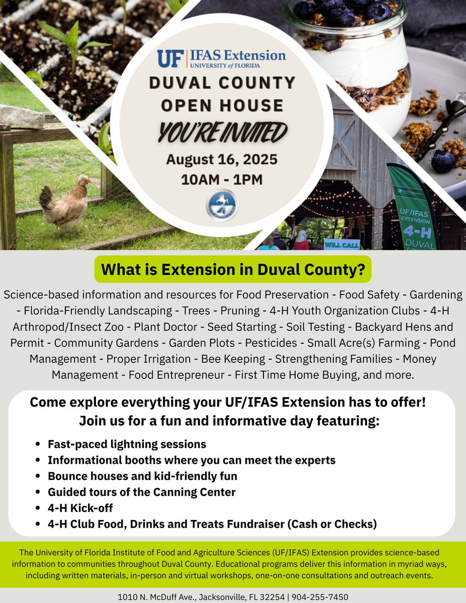 You're Invited to the Duval County Extension OPEN HOUSE, 8/16!  Stop in between 10AM-1PM to learn about all the incredible services offered to the community &amp; enjoy activities for the whole family. 4-H clubs will offer food &amp; drinks, cash/checks only.
💒1010 N. McDuff Ave 32254