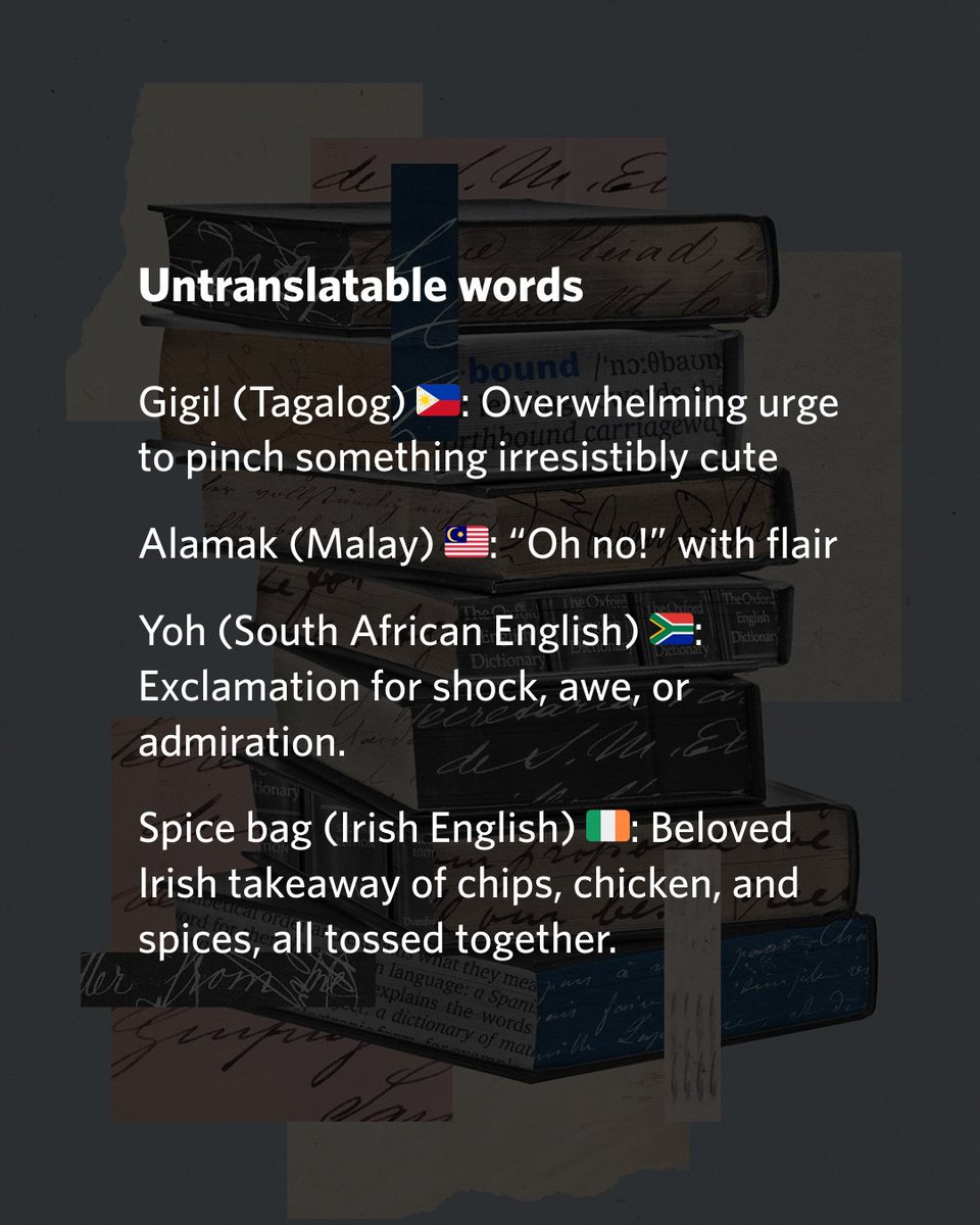 "Untranslatables" capture feelings so precisely that they don't translate neatly. From the Oxford English Dictionary’s March 2025 update: 🇵🇭 Gigil—the urge to squeeze something cute, 🇲🇾 Alamak—a burst of surprise or dismay. Explore more:bit.ly/3Z1RFQS
