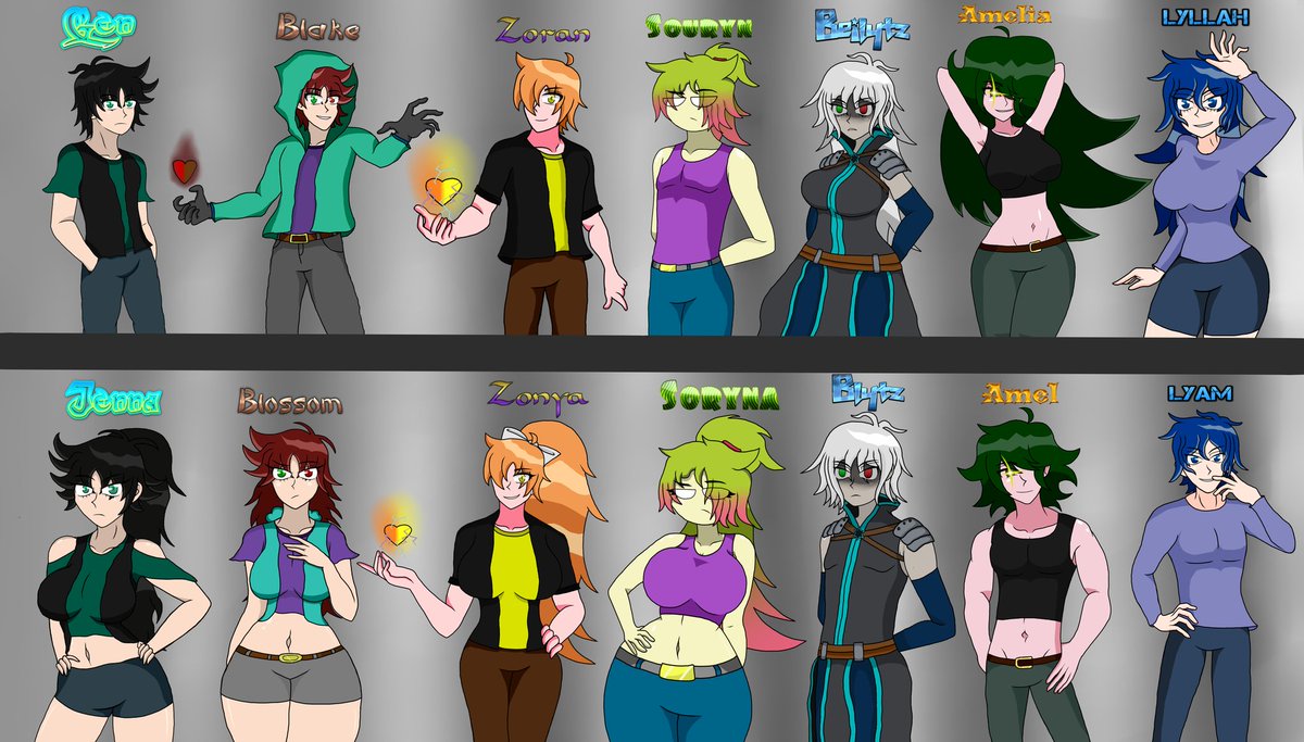 //Welp, it's done now, here are all my OCs (Top) &amp; their Genderbends (Bottom)