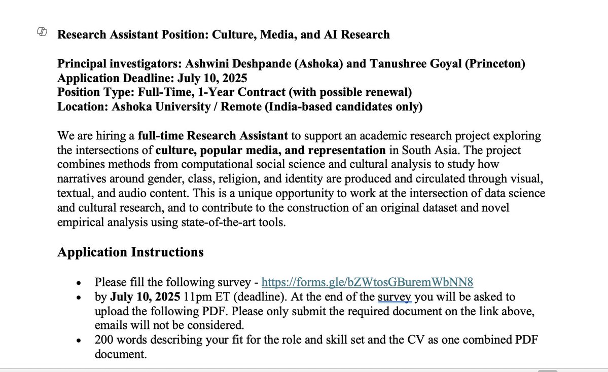 Ashwini_Deshpande (@_adeshpande) on Twitter photo 📢🌠 <a href="/goyal_tanushree/">Tanushree Goyal</a> & I are looking for an RA for an exciting project on Culture, Media & AI Research. Please fill in the form (link 👇) if the description below is up your alley.
forms.gle/bZWtosGBuremWb… 📢🌠 <a href="/goyal_tanushree/">Tanushree Goyal</a> & I are looking for an RA for an exciting project on Culture, Media & AI Research. Please fill in the form (link 👇) if the description below is up your alley.
forms.gle/bZWtosGBuremWb…