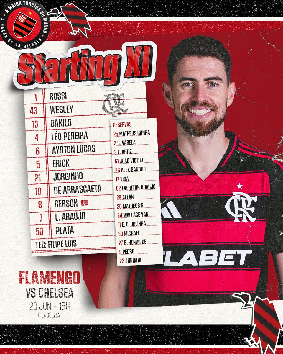 Flamengo's tweet image. 🔴⚫️NOSSO TIME É A GENTE EM CAMPO! MENGÃO ESCALADO PARA #FLAxCHE!!

Por nós. Sempre! VAI PRA CIMA DELES MENGOOOOOO!!

#StartingXl #TakeItToTheWorld #FIFACWC

Assista a todos os jogos do Flamengo ao vivo e de graça no App DAZN! Cadastre-se agora: bit.ly/45GFLQf