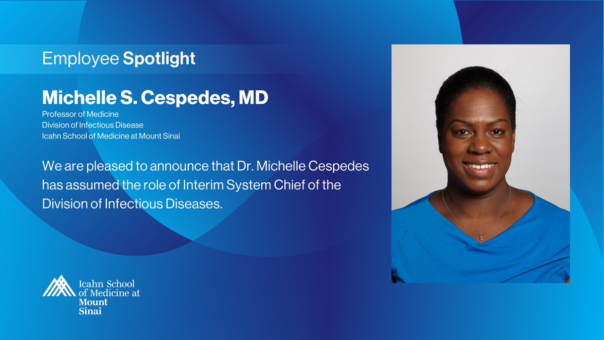 IcahnSinaiID (@icahnsinaiid) on Twitter photo We are pleased to announce that Dr. Michelle Cespedes has been named Interim System Chief of the Division of Infectious Diseases at Mount Sinai. A national leader in HIV care and research, Dr. Cespedes brings deep expertise and a strong commitment to health equity. <a href="/DOMSinaiNYC/">Mount Sinai Department of Medicine</a> We are pleased to announce that Dr. Michelle Cespedes has been named Interim System Chief of the Division of Infectious Diseases at Mount Sinai. A national leader in HIV care and research, Dr. Cespedes brings deep expertise and a strong commitment to health equity. <a href="/DOMSinaiNYC/">Mount Sinai Department of Medicine</a>