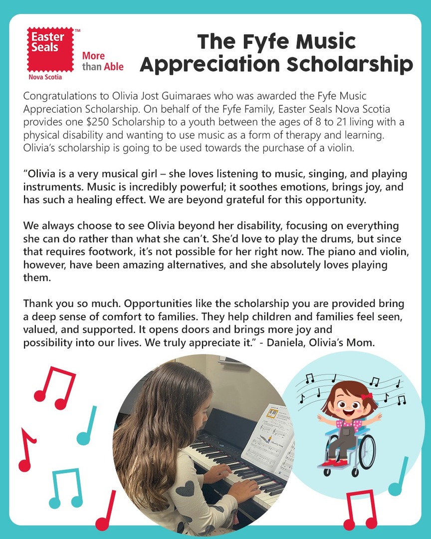 Congratulations to Olivia on being awarded the Fyfe Music Appreciation Scholarship, which is awarded to a youth between the ages of 8 - 21 living with a physical disability and wanting to use music as a form of therapy &amp; learning! 🎻🎶