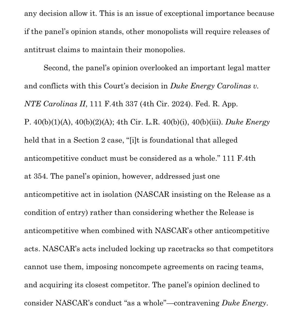 As expected, 23XI/Front Row have asked for appeals panel to reconsider or all of the judges of US Court of Appeals 4th Circuit to hear injunction appeal. This will delay them losing the charters until seven days after the decision not to hear it again or a rehearing/decision.