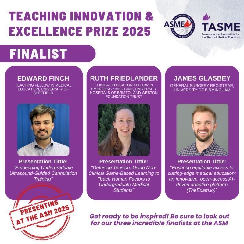 TASME UK (@tasme_uk) on Twitter photo 🏆TIE FINALISTS🏆
Let’s hear it for our Teaching, Innovation & Excellence Prize finalists!
Learn all about their inspiring projects at the ASME ASM on Tuesday 1st July at 4pm, Tinto Room
Read more here:
buff.ly/VMoOmmb
#ASME #innovation #award #MedEd #conference 🏆TIE FINALISTS🏆
Let’s hear it for our Teaching, Innovation & Excellence Prize finalists!
Learn all about their inspiring projects at the ASME ASM on Tuesday 1st July at 4pm, Tinto Room
Read more here:
buff.ly/VMoOmmb
#ASME #innovation #award #MedEd #conference