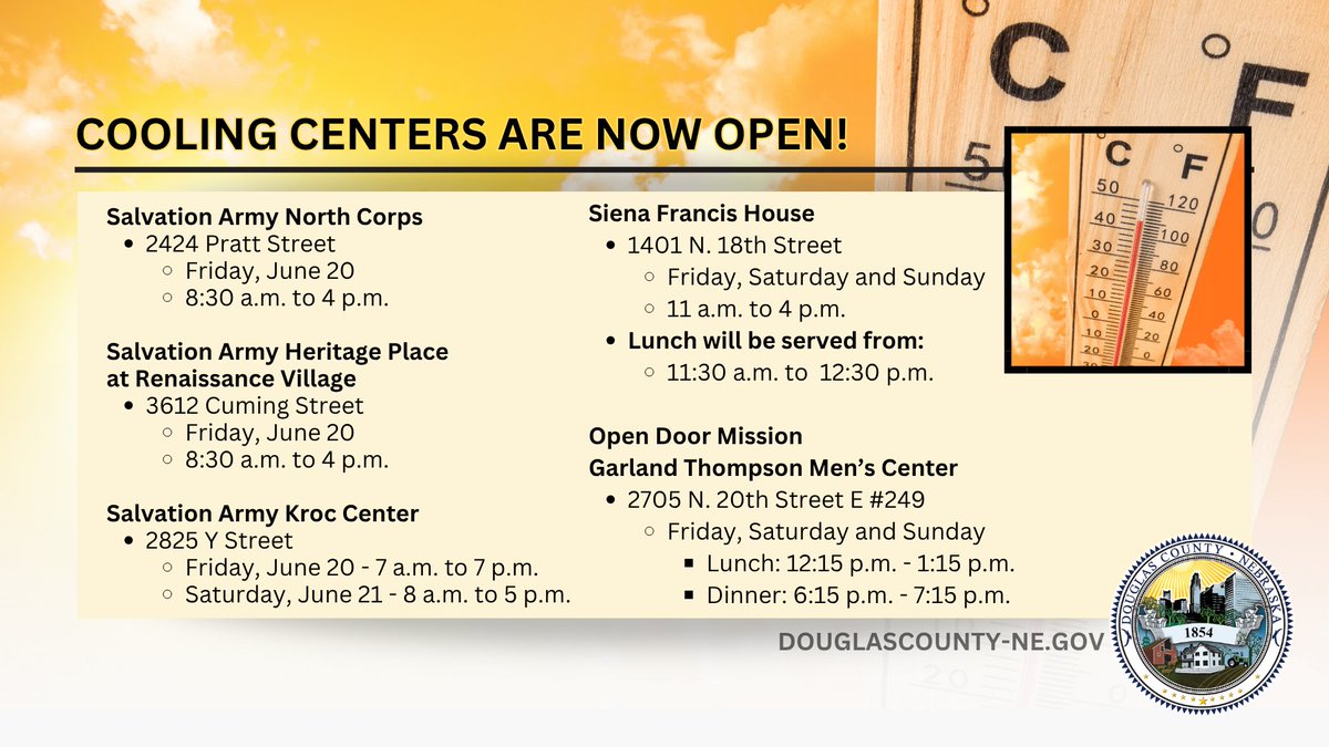 Cooling centers across Douglas County are now open and some locations will remain open through the weekend to help residents stay safe from this dangerous heat. See a list of these locations below. Hours may vary with some centers offering lunch and/or dinner as well.