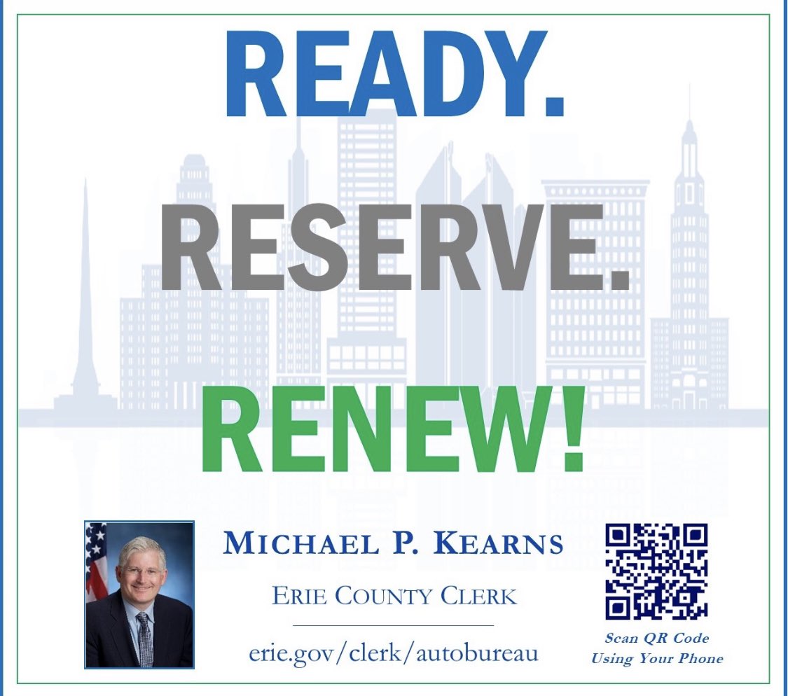 The Erie County Auto Bureau continues to experience higher than normal business volume at all our #DMV branches. 

We encourage you to book an appointment using the QR Code or visit erie.gov/clerk or call 716-858-8864.    

#RenewLocal #REALID #ReadySetTravel