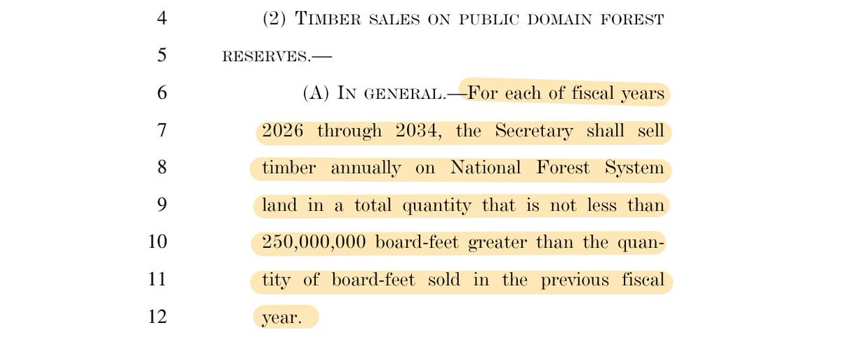 The sale of land for housing is obviously a controversial part of the "big beautiful bill" but also be aware that it requires both the U.S. Forest Service and the Bureau of Land Management to increase timber sales by 270 million board feet COMPOUNDING EACH YEAR for a decade.