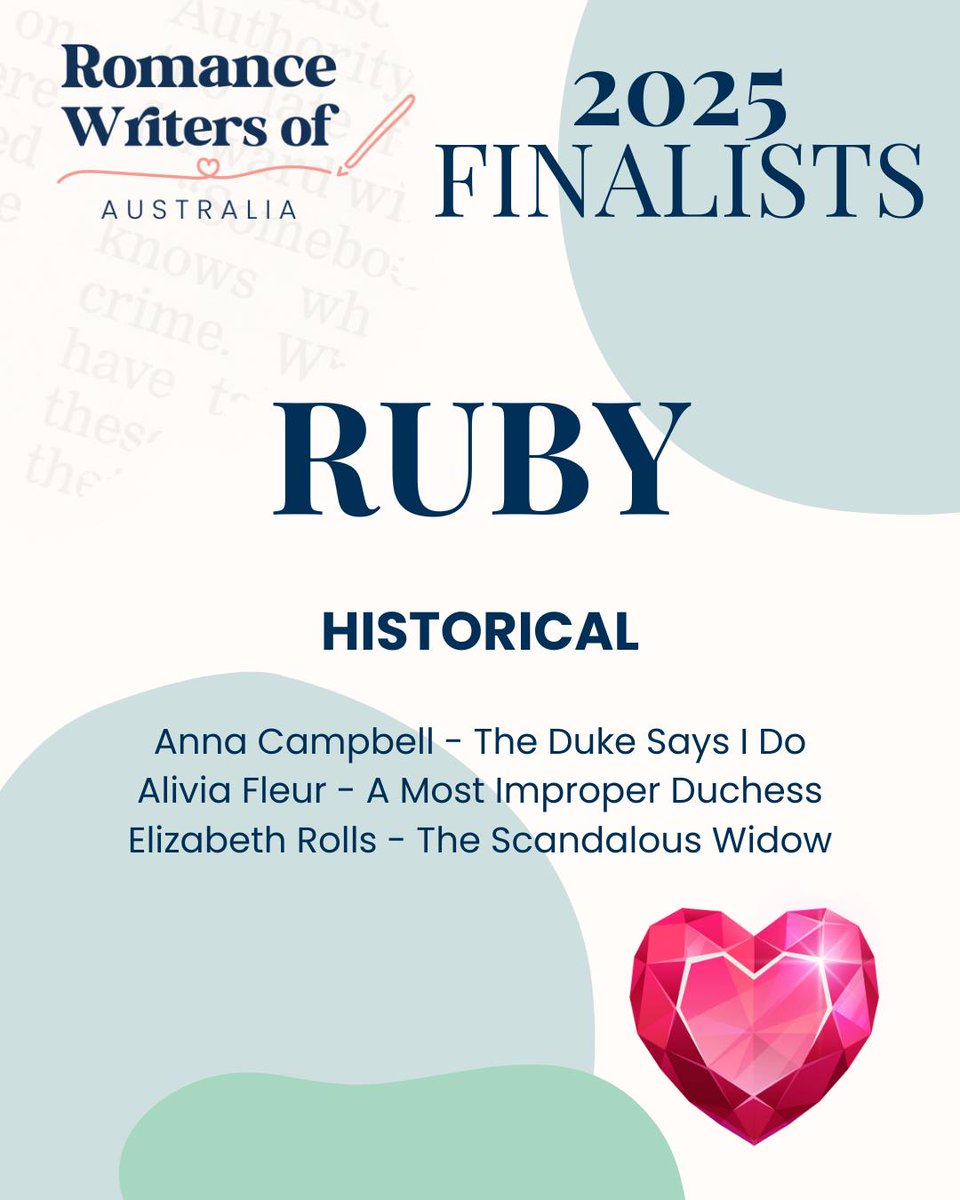 My 50th book, THE DUKE SAYS I DO, has finalled in Romance Writers of Australia's Romantic Book of the Year Award (the RuBY).

Thanks to @romanceaustralia and congrats to Elizabeth Rolls and Alevia Fleur, my fellow finalists  

#romancebooks #romancewriting #australianauthors