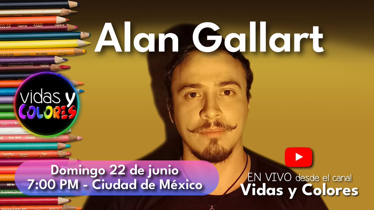 <a href="/vidasycolores/">Vidas y Colores</a> con <a href="/sergiordmx/">Sergio Rodríguez</a> y <a href="/ROOYTREJO3/">Rodrigo Trejo</a> presentan:

Alan Gallart

DOM 22 JUN
7 PM MX | UTC-6

Clic para notificación: youtube.com/live/q0JRdSfoB…

#vidasycolores #sergiordmx #entrevista #musica #cantante #musicanueva

cc <a href="/papapandatv/">Papá Panda TV</a> <a href="/teatroculturamx/">Teatro y Cultura CDMX</a> <a href="/seropodcast/">SERO podcast</a> <a href="/cris_manager/">Cris Manager</a>