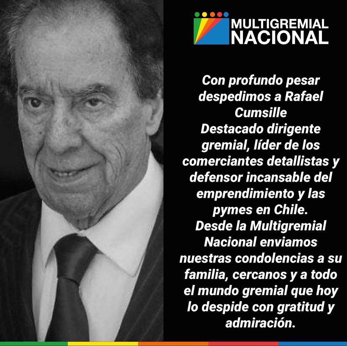 🕊️ Lamentamos profundamente el fallecimiento de Rafael Cumsille, histórico líder gremial y defensor incansable de las pymes en Chile.
Desde la Multigremial de Emprendedores enviamos nuestras condolencias y reconocemos su legado con gratitud y admiración.
#RafaelCumsille #Pymes