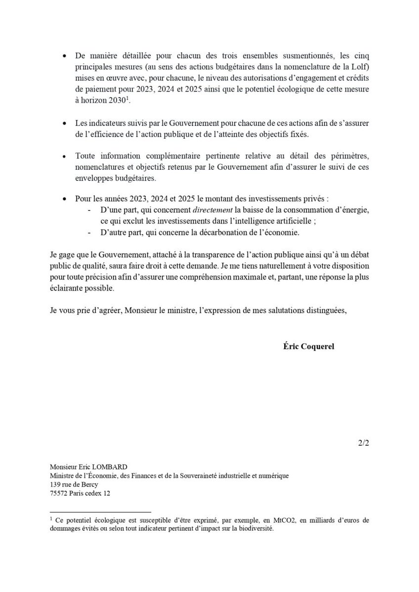 🔴📄 Malgré l'urgence d'investir dans la bifurcation écologique (+37 Mds € d’investissements nécessaires d’ici 2030), ce Gouvernement réduit encore son budget ! 

Pour éclairer le débat budgétaire à venir, je demande au ministre Lombard un bilan détaillé des investissements