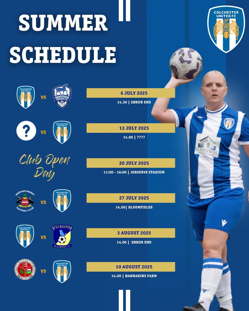 📢 Summer Schedule Incoming!
Here’s our lineup for July &amp; August, starting with a home clash against Brantham Athletic Ladies on July 6th! 💪⚽
 
Make sure you’re there to back the U’s 💙💛

#ColU | #WeAreUnited | #CUWFC