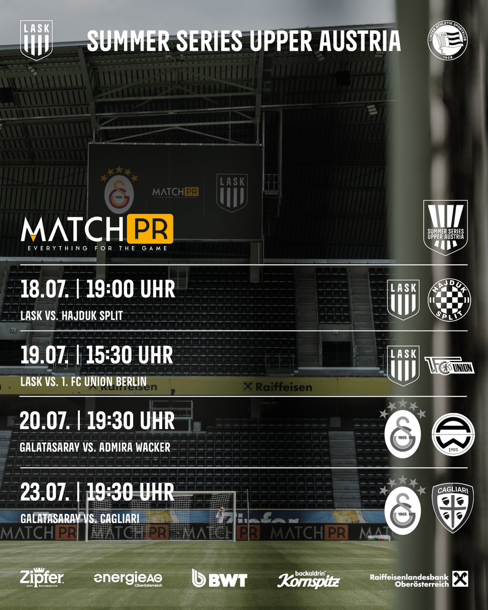 LASK (@lask_official) on Twitter photo Der Spielplan für die diesjährige Summer Series Upper Austria: Neben dem Saison-Auftakt gegen <a href="/fcunion/">1. FC Union Berlin</a> absolvieren wir ein weiteres Testspiel gegen <a href="/hajduk/">HNK Hajduk Split</a>.
<a href="/GalatasaraySK/">Galatasaray SK</a> spielt ebenfalls zwei Partien 🆚 <a href="/FCAdmiraWacker/">Admira Wacker</a> und <a href="/CagliariCalcio/">Cagliari Calcio</a> in der #Raiffeisen Arena. ⚽🏟 Der Spielplan für die diesjährige Summer Series Upper Austria: Neben dem Saison-Auftakt gegen <a href="/fcunion/">1. FC Union Berlin</a> absolvieren wir ein weiteres Testspiel gegen <a href="/hajduk/">HNK Hajduk Split</a>.
<a href="/GalatasaraySK/">Galatasaray SK</a> spielt ebenfalls zwei Partien 🆚 <a href="/FCAdmiraWacker/">Admira Wacker</a> und <a href="/CagliariCalcio/">Cagliari Calcio</a> in der #Raiffeisen Arena. ⚽🏟