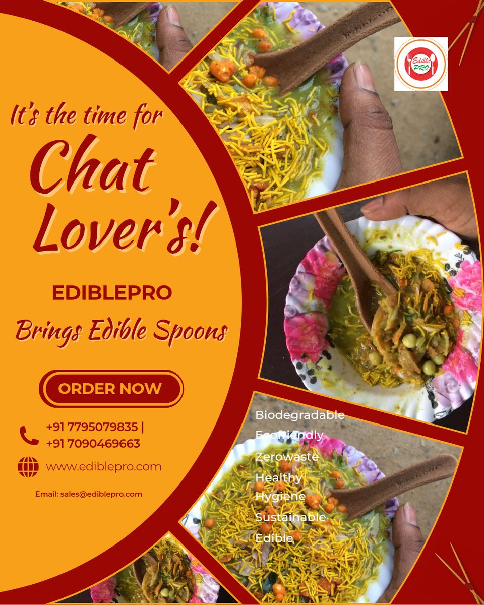 EdiblePro's tweet photo. Chat Lovers now you can eat your fav chats varieties with ediblepro's edible spoon making your chat a wholesome taste to nourish &amp; balancing your health &amp; hygiene with our millet edible spoons.
#ediblepro #ediblecutlery #ediblespoons #edible #edibleart #chatfood #foodie https://t.co/5aLvNqdrfX
