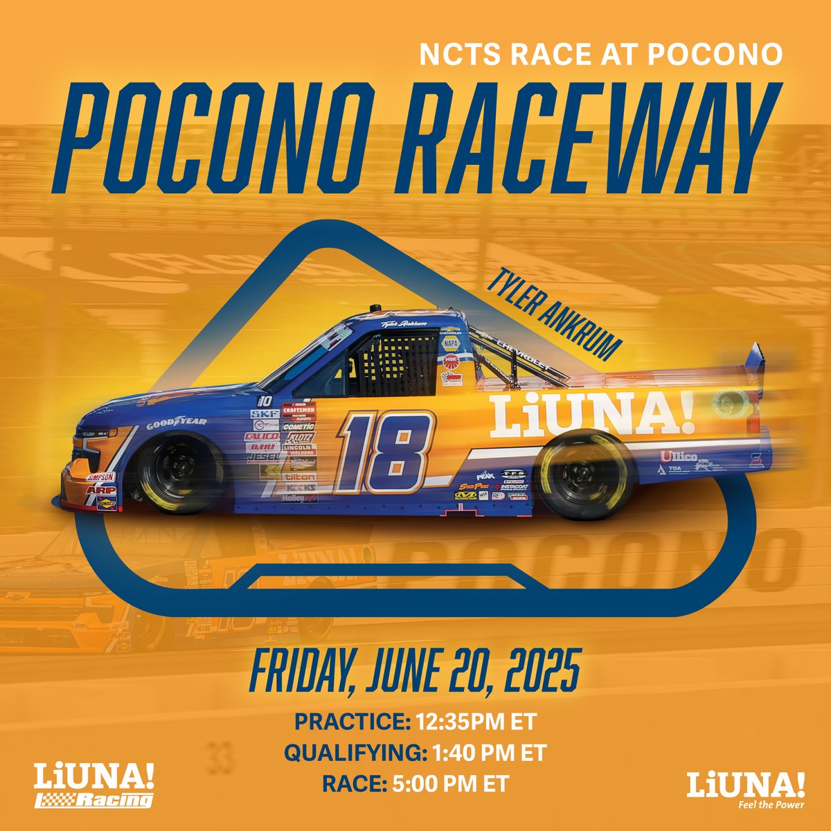 All roads lead to The Tricky Triangle! <a href="/TylerAnkrum/">Tyler Ankrum</a>  and the No. 18 <a href="/LIUNA/">LIUNA</a> truck are racing into Pocono this Friday at 5 PM ET. Catch every turn live on FS1—and join us in welcoming LIUNA signatory partner Associated Construction Contractors of New Jersey to the track!