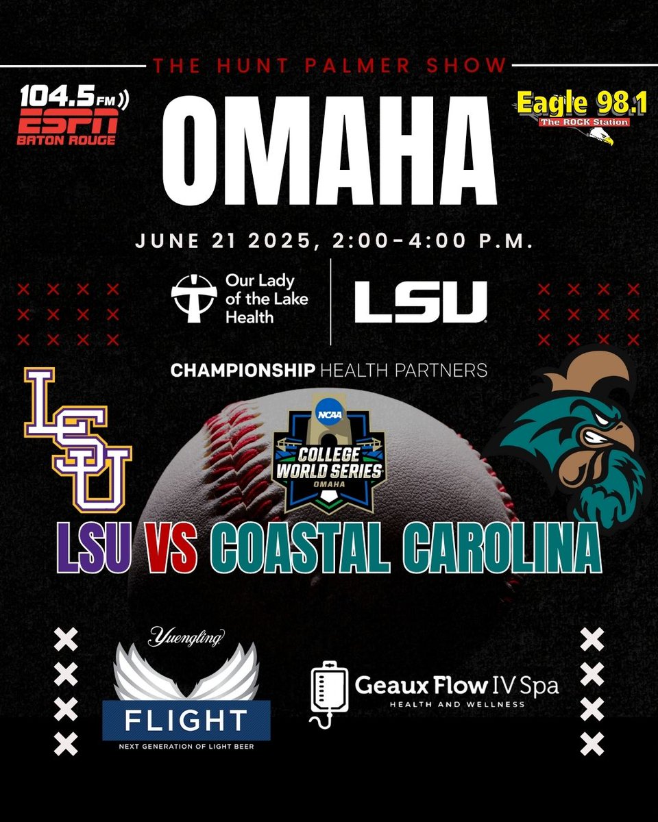 1045espn's tweet image. The LSU Tigers are back in the CWS Finals to fight for their 8th National Championship against Coastal Carolina. Tune in on Saturday, June 21 from 2-4pm for a special edition of The Hunt Palmer Show previewing the series. @HuntPalmer88 

Presented by @ololhealth  
Sponsored by…