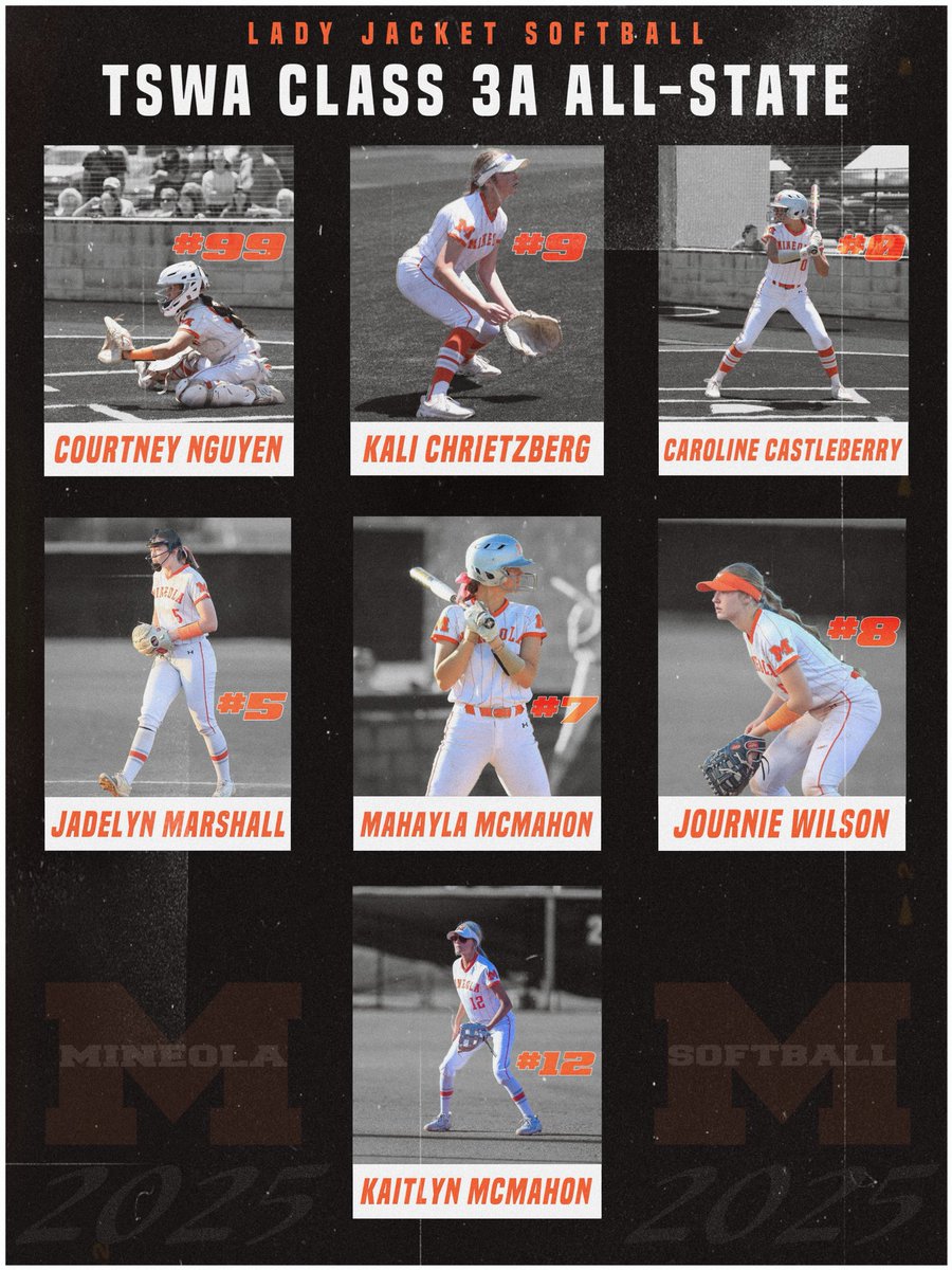 Congratulations to these 7 Mineola High School softball players on receiving 3A TSWA All-State Honors! #allcomingback 
<a href="/CarolineCastle0/">Anna Castleberry</a>  <a href="/MahaylaMcmahon/">Mahayla McMahon</a>  <a href="/JadelynMarshall/">Jadelyn Marshall</a>