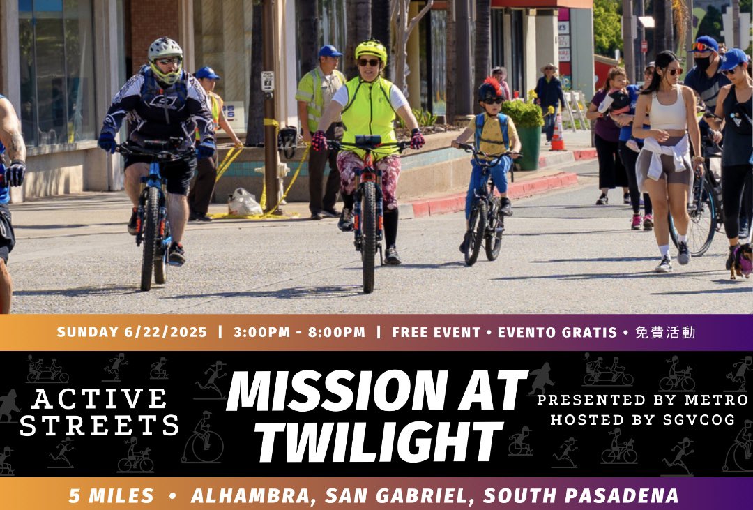 This Sunday! Head to the Mission-at-Twilight presented by <a href="/metrolosangeles/">Metro Los Angeles</a>.

The 5-mile family friendly route will be hosted at twilight...on the longest night of the year! 

From Alhambra, San Gabriel, to South Pasadena, join us and <a href="/ActiveSGV/">ActiveSGV</a> for a fun and car-free experience.
