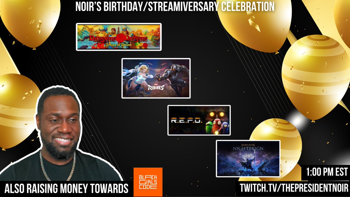 🎂🎉Come Celebrate with Me!🎉🎂

Celebrating 5 Year Streamiversary &amp; Having Birthday Stream  I will be playing a variety of games, including Arcade D&amp;D, REPO, Marvel Rivals, and Nightreign.

I am also donating 10% of any donos I receive to Black Girls Code!

1:00PM EST!