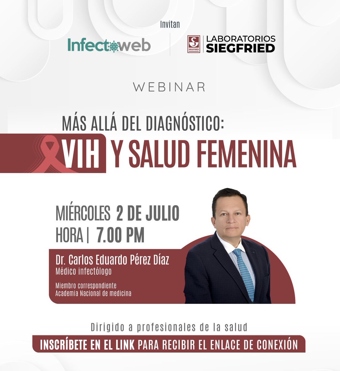 InfectoWeb (@infectoweb) on Twitter photo 📢 ¡No te lo pierdas!
Webinar gratuito: VIH y salud femenina
🗓️ Mié 2 de julio | 🕖 7:00 p.m.
🎙️ Dr. Carlos Eduardo Pérez Díaz, <a href="/cperezd/">carlos e perez</a>, infectólogo
🩺 Dirigido a profesionales de la salud.
🔗 Regístrate aquí: us06web.zoom.us/webinar/regist…
#VIH #SaludFemenina #WebinarMédico 📢 ¡No te lo pierdas!
Webinar gratuito: VIH y salud femenina
🗓️ Mié 2 de julio | 🕖 7:00 p.m.
🎙️ Dr. Carlos Eduardo Pérez Díaz, <a href="/cperezd/">carlos e perez</a>, infectólogo
🩺 Dirigido a profesionales de la salud.
🔗 Regístrate aquí: us06web.zoom.us/webinar/regist…
#VIH #SaludFemenina #WebinarMédico
