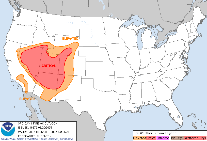 NWSSPC's tweet photo. 11:38am CDT #SPC Day1 #FireWX Critical: four corners and great basin https://t.co/Sz3kci5ng7 https://t.co/uihAVweYER