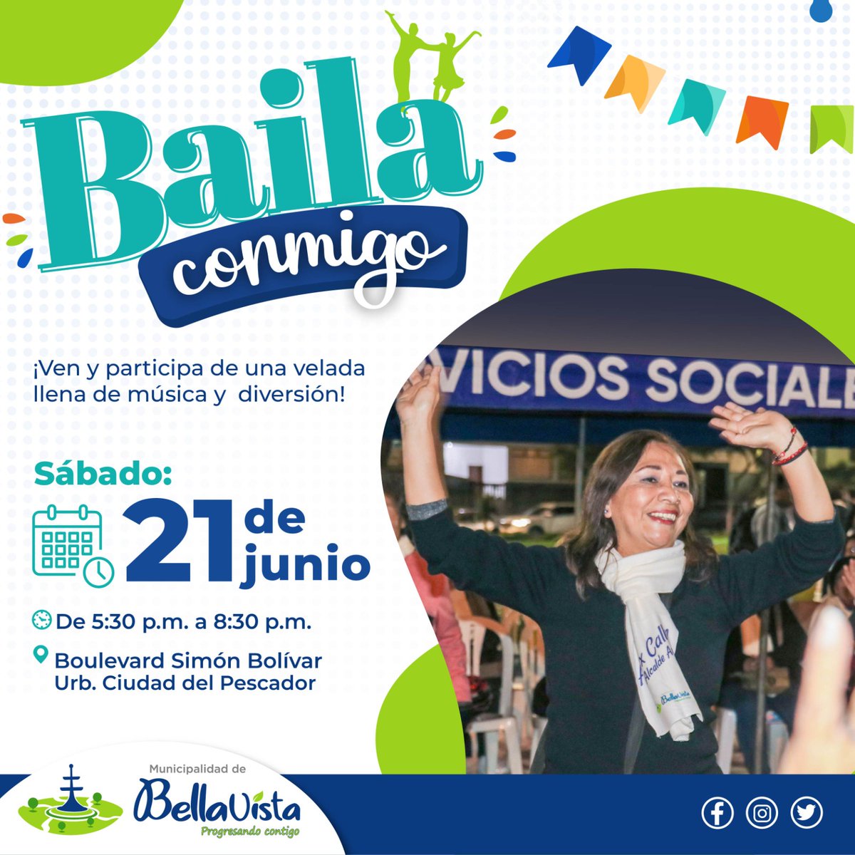 Este sábado 21 de junio de 5:30 a 8:30 pm., los esperamos en el Boulevard Simón Bolívar, Urb. Ciudad del Pescador, para vivir juntos una noche llena de ritmo, baile y mucha alegría. ¡Los esperamos!