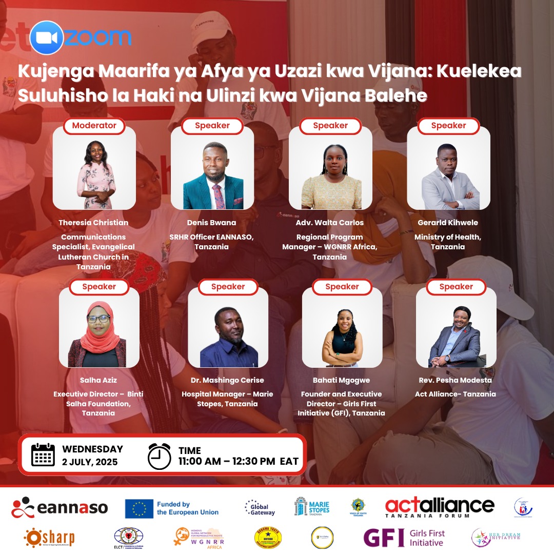 Moderator: <a href="/ElctHq/">ELCT_HQ</a> 

Warsha ya Kiswahili kuhusu Afya ya Uzazi  kwa Vijana
Tarehe: 2 Julai 2025
Muda: Saa 5:00 asubuhi kwa saa za Afrika Mashariki (EAT)

Karibu kwenye warsha ya mtandaoni inayowalenga vijana wa Kitanzania, itakayofanyika kwa lugha ya Kiswahili. Warsha hii inalenga