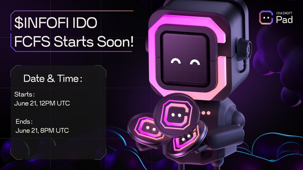 📣 Ready, set, go - <a href="/WagmiHub/">WAGMI HUB</a> FCFS Round starts in 15 minutes! 

FCFS Round for $INFOFI will be open in 15 minutes, and everyone is welcome to join! 🌟 

📅 Ends: June 21, 8 PM UTC 

Join now 👉 pad.chaingpt.org/pools/solana/w…