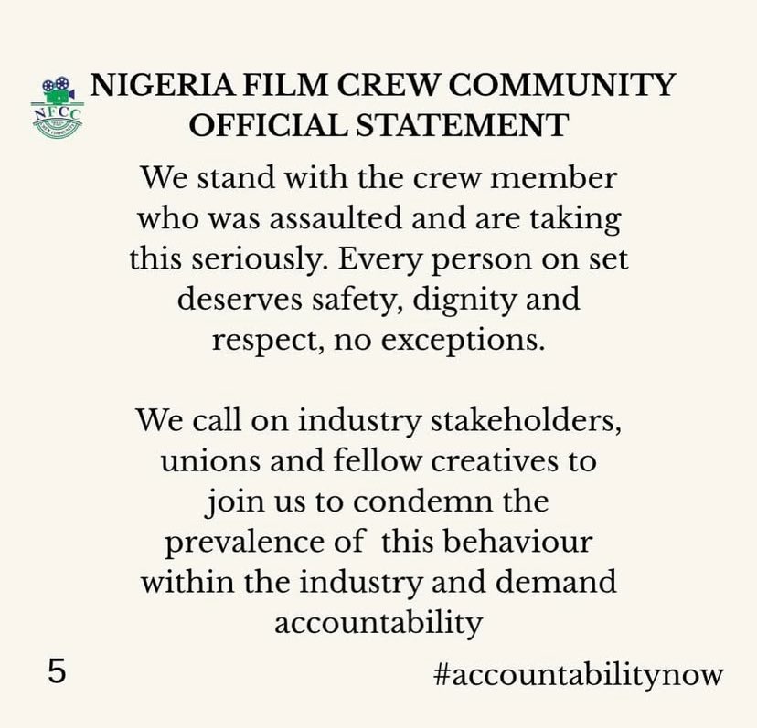 As a Studio, we are making this an official
call-out of @chief_femibranch , who slapped our crew member on set, in front of witnesses with evidence to back it.

We will not stay silent, we’re calling this out publicly because silence protects abusers.